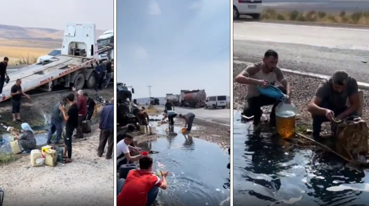 Dereden su alır gibi yoldan akaryakıt aldılar! Bidon, poşet, şişe ne varsa kapıp kaza yerine koştular