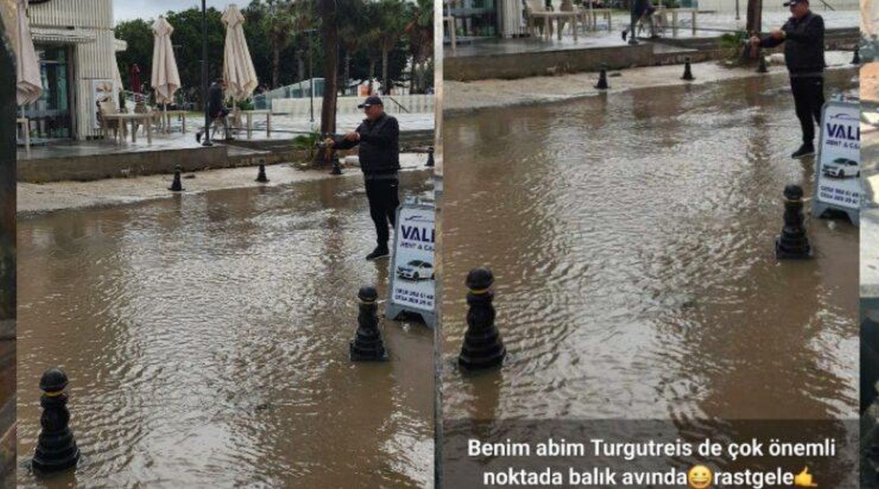 Vatandaştan ilginç tepki! Göle dönen yola ağ atıp balık tutmaya çalıştı