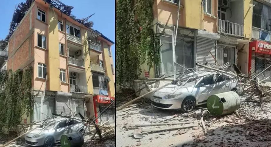 Malatya’da hasarlı binanın çatısı çöktü! Park edilen araç hurdaya döndü