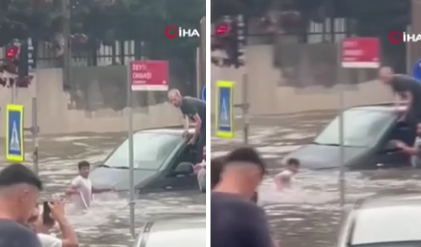 İstanbul'da etkili sağanak! Suya gömülen aracını böyle kurtardı